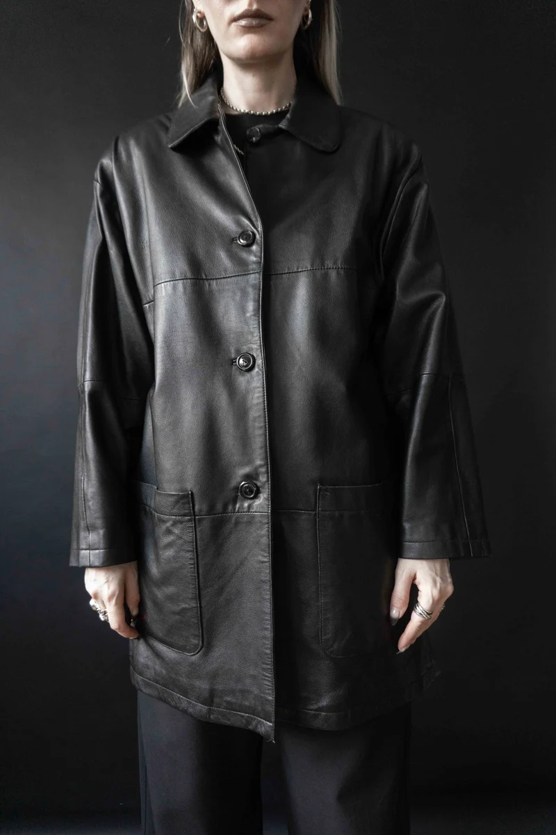 Vintage Ledermantel, Schwarz, Oversized, M–L