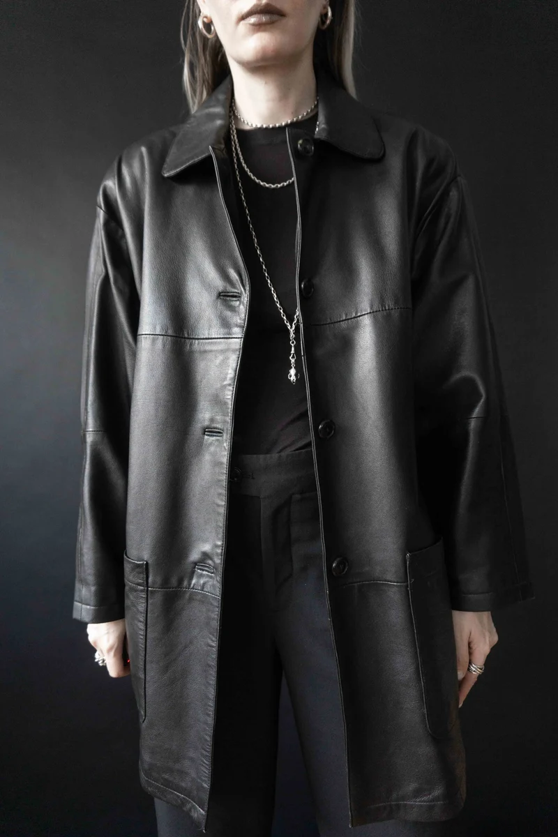 Vintage Ledermantel, Schwarz, Oversized, M–L