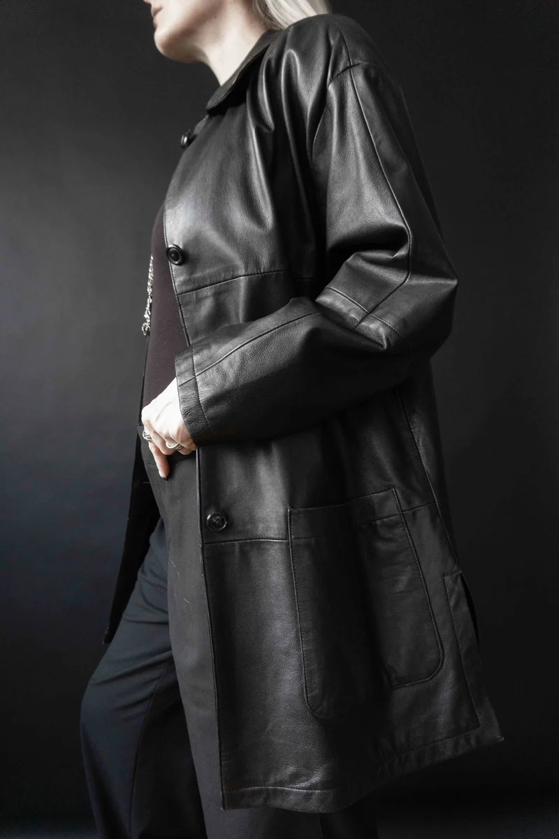 Vintage Ledermantel, Schwarz, Oversized, M–L