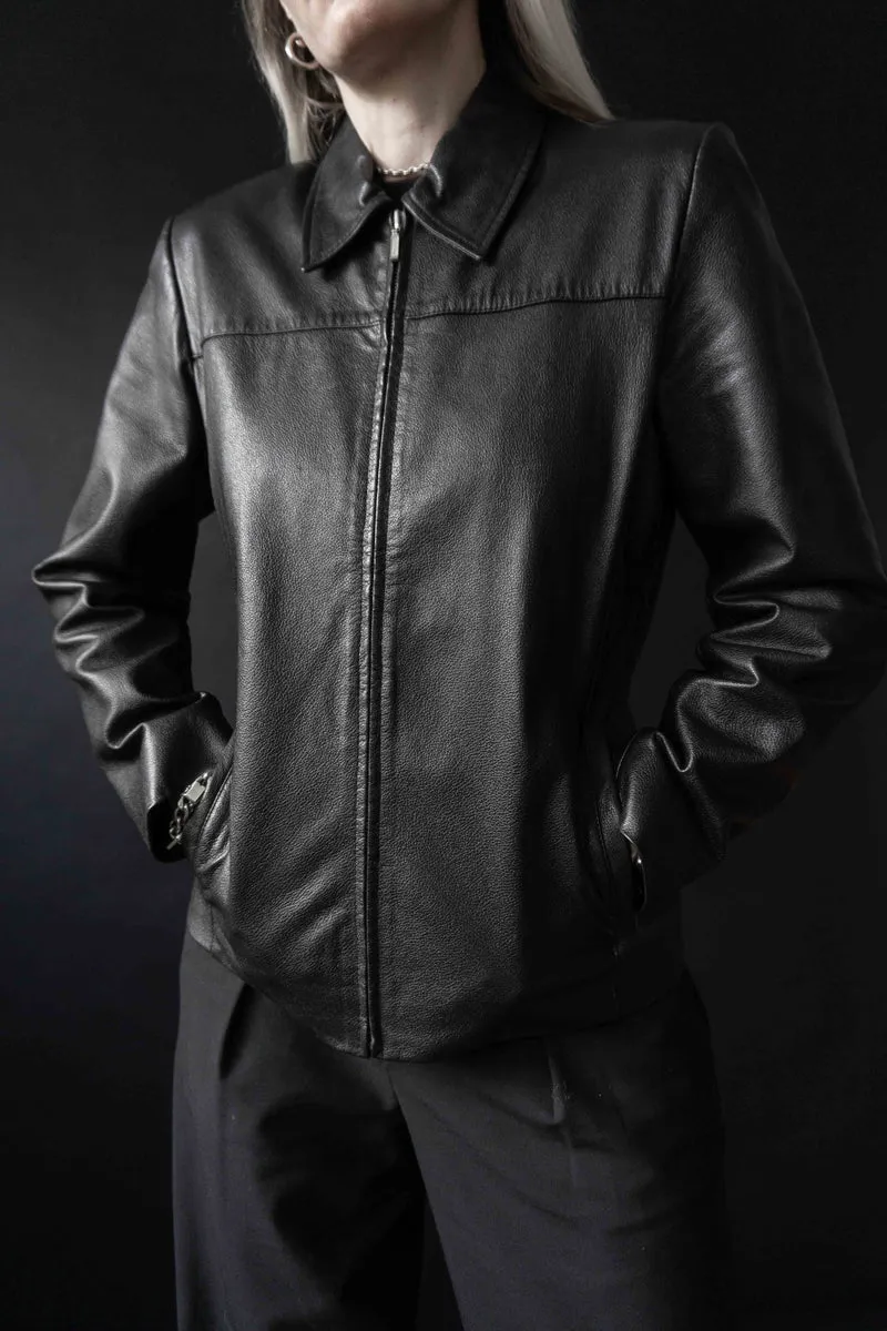 Vintage Lederjacke 90s Schwarz Zipper, S–M