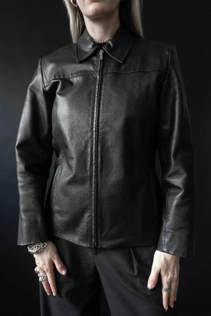 Vintage Lederjacke 90s Schwarz Zipper, S–M