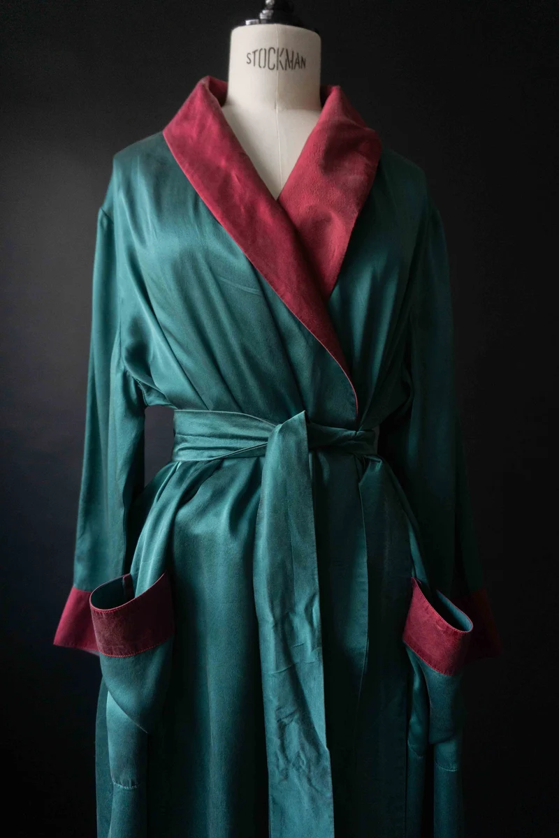 Vintage Kimono – Seide, Petrol mit Gürtel