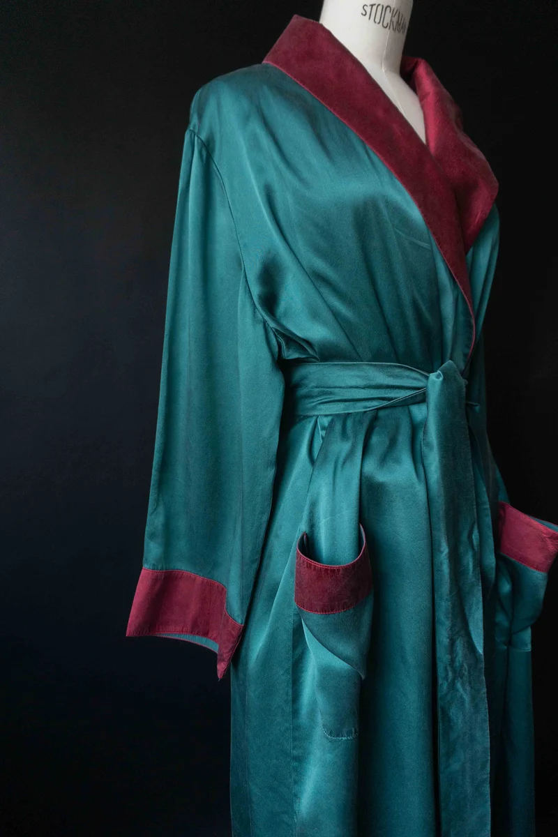 Vintage Kimono – Seide, Petrol mit Gürtel