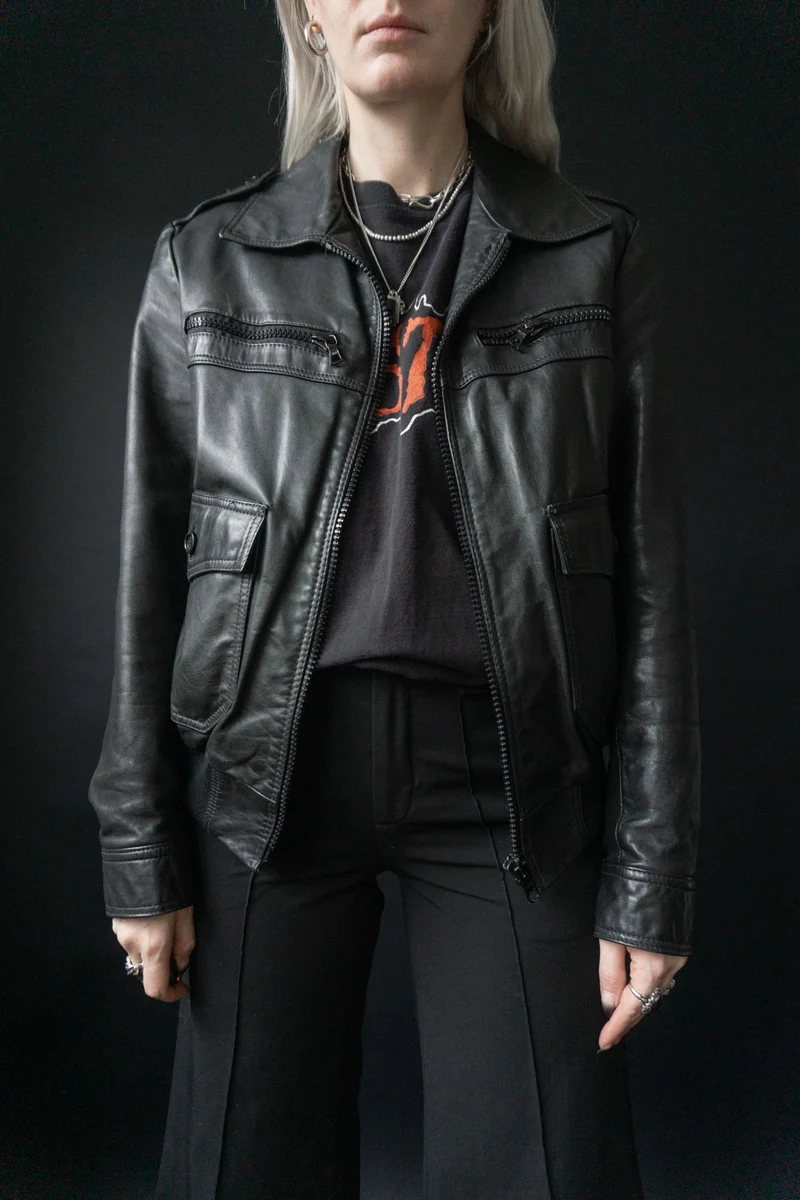 70s Lederjacke Schwarz S–M