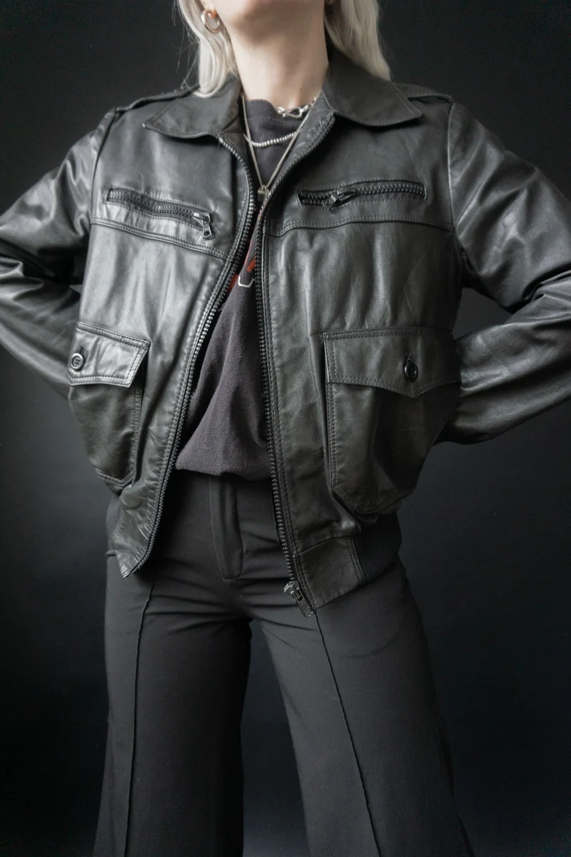 70s Lederjacke Schwarz S–M