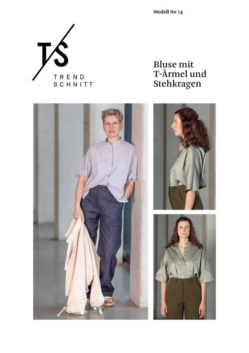 No74 Bluse mit T-Ärmel und Stehkragen