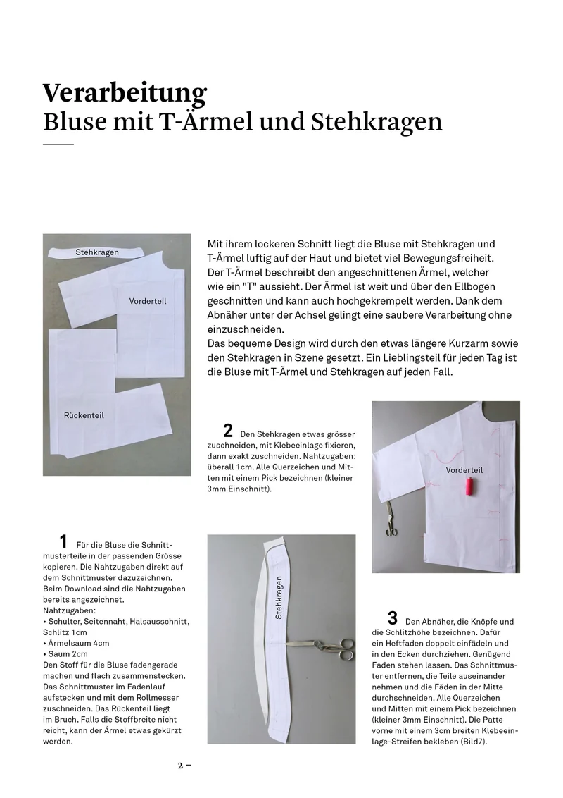 No74 Bluse mit T-Ärmel und Stehkragen