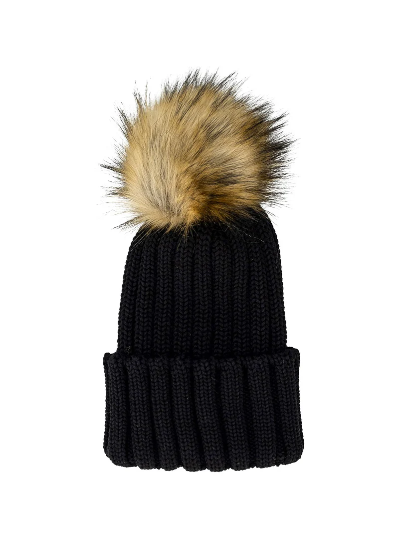 Beanie Faux Fur Merino Wool Schwarz