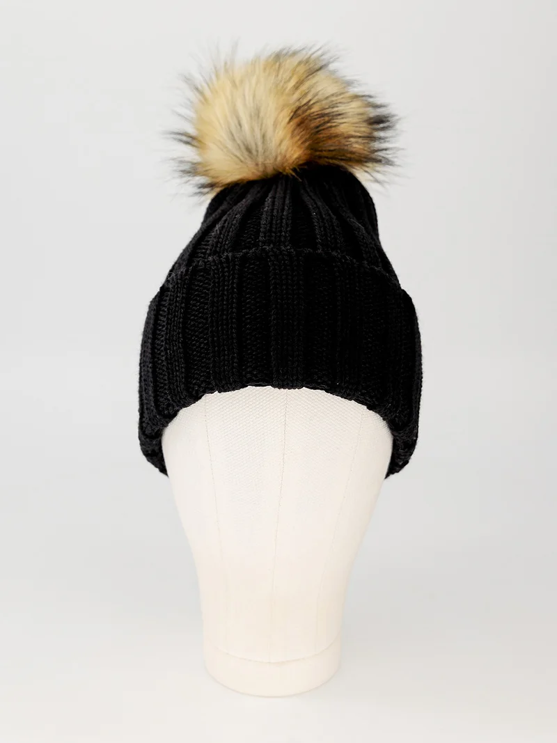 Beanie Faux Fur Merino Wool Schwarz