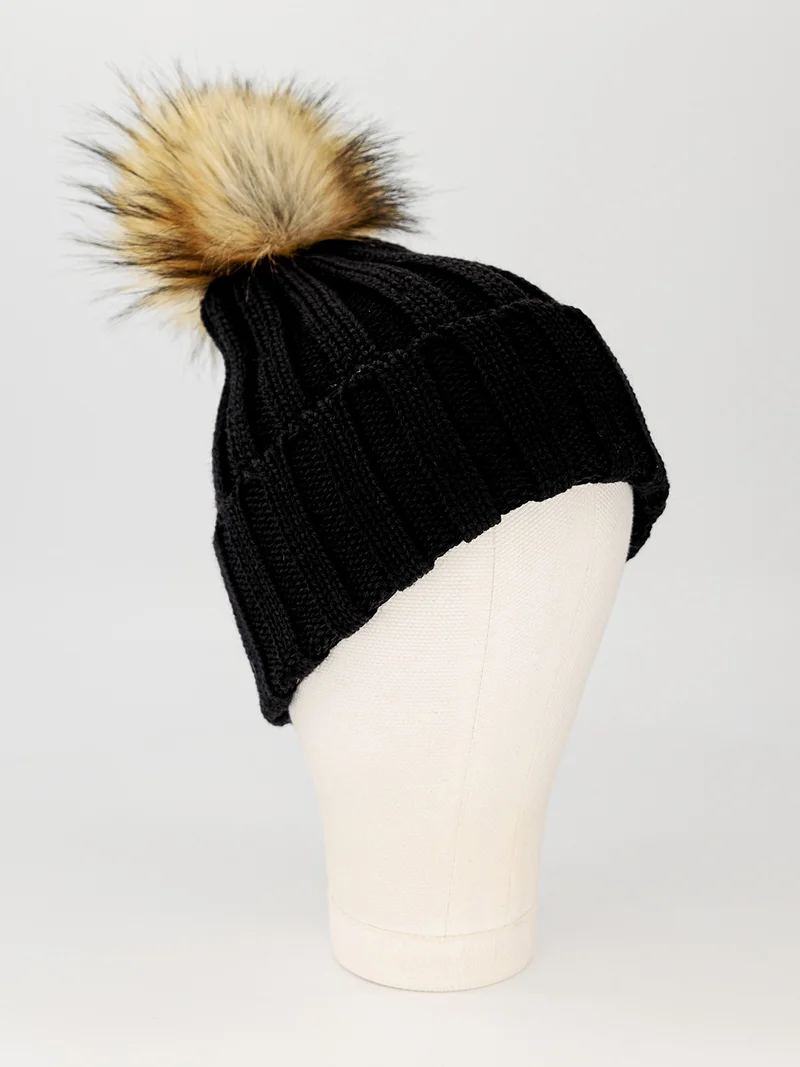 Beanie Faux Fur Merino Wool Schwarz
