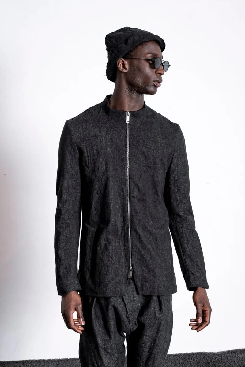 eigensinnig wien | Husserl | Außergewöhnliche Leinenjacke für Herren mit Zipper und Stehkragen in Schwarz