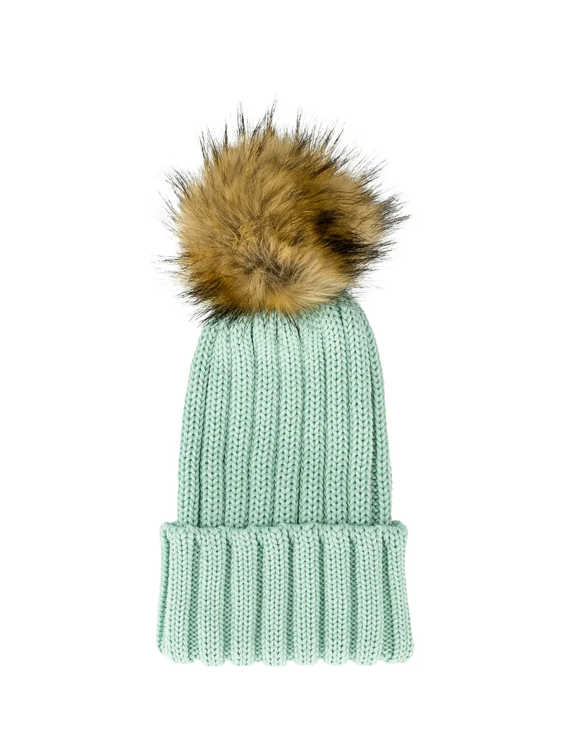 Beanie Faux Fur Merino Wool Mintgrün