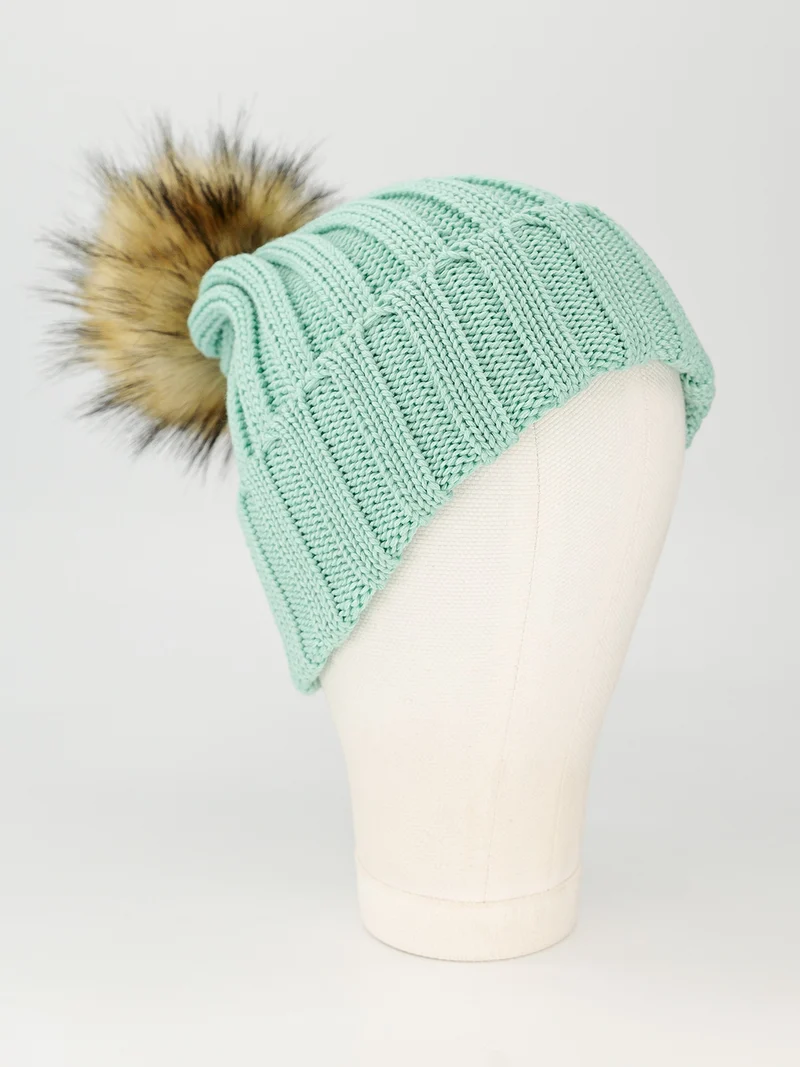 Beanie Faux Fur Merino Wool Mintgrün